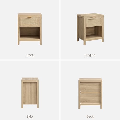 SICOTAS Rattan Nightstands Set of 2, Farmhouse Night Stands with Drawer Bedside Table - Boho End Table Side Table Accent Table for Bedroom, Light Oak Wood