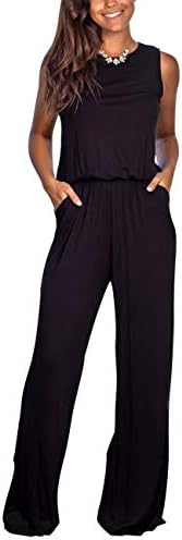 DAMISSLY Women's Floral Jumpsuit Sleeveless Round-Neck Loose Plain Casual Wide Leg Pant Rompers with Pockets