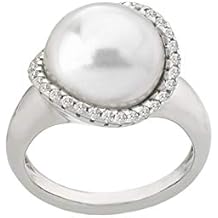 Majorica Womens Rosa 12mm White Flat Pearl w/CZ Ring On Sterling Silver