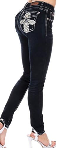 SEXY COUTURE Women's S424-PS Cross Rhinestone Mid Rise Skinny Dark Wash Denim Jeans 3-17