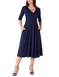 MAVIS LAVEN Vestido plisado de cóctel para mujer, manga media, cuello en V profundo