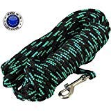Braided Nylon Rope Tracking Dog Leash, Black with Green 15-Feet/30-Feet/45-Feet/60-Feet Training Lead for Small and Medium Dogs (15ft, Medium - Diam 3/8" (8mm))