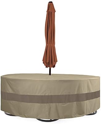 Amazon Com Sunpatio Outdoor Table And Chairs Cover Heavy Duty Water Resistant 96 Inch Round Dining Table Set Cover With Umbrella Hole Fade Resistant Patio Furniture Set Cover Helpful Air Vents Neutral