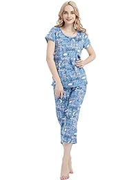 PNAEONG - Conjunto de pijama para mujer con pantalones capri y camisetas cortas de algodón