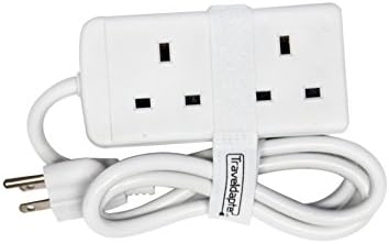 Travel Adapter TRINIDAD/TOBAGO Power Plug Strip Multi Safe Extension Lead 2 Inputs Ultra Compact Cord for International Vacation 3 Pin Grounded Type B plug 2 type G Sockets 1.0 m White