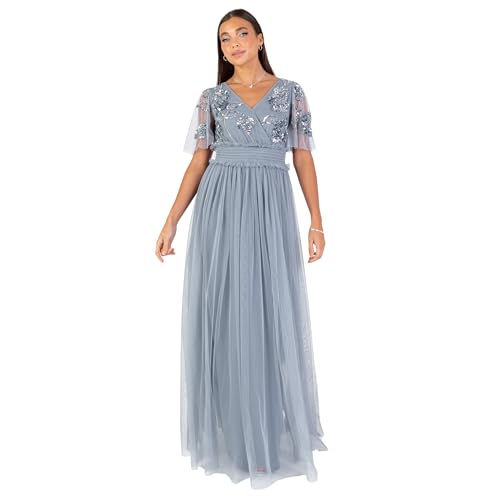 Women's Maxi Dress Ladies V-Neck Angel Sleeve Floral Embellished Tulle Shirred Waistline A-Line Wedding Guest Bridesmaid, Dusty Blue, 8