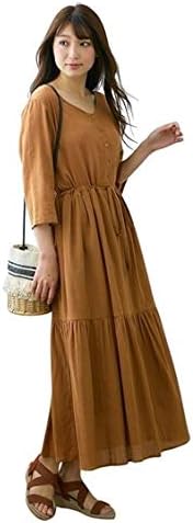 Amazon Co Jp ワンピース Nissen ニッセン 夏に使える ティアードロング丈7分袖ワンピース キャメル Ll 服 ファッション小物