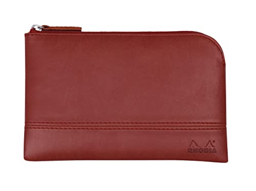 RHODIA 116544C - Faux Leather Zipped Pouch - Poppy - Size S (11 x 17 cm) - Genuine Stitching - Inside Orange Fabric - Storage for Documents, Small Supplies