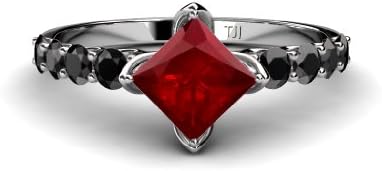 Red Garnet Princess Cut and Side Black Diamond Engagement Ring 1.53 cttw in 14K Gold