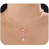 Jumwrit Sparkle Rhinestone Choker Necklace Dainty Pearl Drop Pendant Y Necklace Boho Beaded Fashion Necklace Jewelry for Women Girls