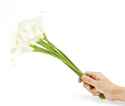 FiveSeasonStuff 10 Stems of Real Touch Calla Lillies (Latex) Artificial Flower Bouquet, Perfect for Wedding, Bridal, Party, Home Office Décor DIY (White & White Pistil) - Thumbnail 3