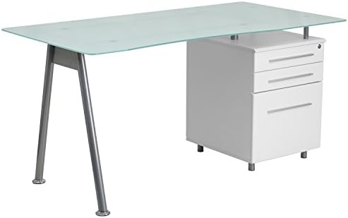 White Computer Desk with Glass Top and Three Drawer Pedestal