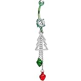 Body Candy Green Anodized Handcrafted Clear Accent Christmas Bells and Tree Dangle Belly Ring