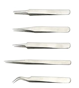 PagKis Set of 5 Non-Magnetic Tweezers - Stainless Steel for mobile, gadget repairing, personal care