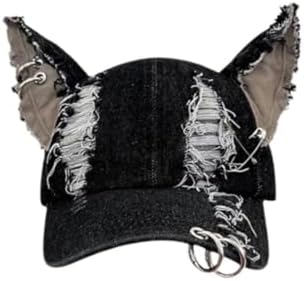 THESSNCE Y2k Punk Grunge Hat Denim Bunny Hat Chains Distressed