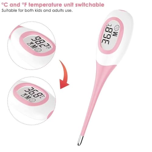 Termômetro Digital Flexível Clínico com Resultado Rápido em 8 Segundos, Visor LCD, Ponta Macia Impermeável, Medidor de Febre para Bebês, Crianças e Adultos, Alta Precisão e Alarme Sonoro (ROSA)