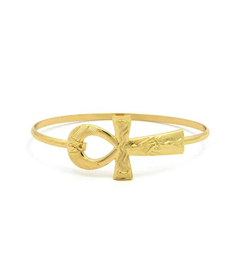 Women's Egyptian Ankh Cross Piece Open Cuff Wire Bangle Bracelet in Gold Tone (Many Kinds Available)