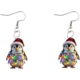 Cute Cartoon Penguin Light bulb Santa Hat Acrylic Dangling Hook Christmas Earrings for Women Lightweight Statement Funny Animal Dangle Drop Earring Winter Xmas Party Festival Jewelry Gift Accessories
