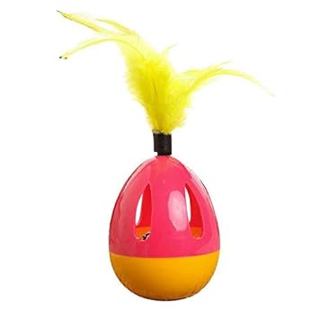 PoochBox Interactive Cute & Funny Teaser Wobble Rolly Polly Tumbler Training Ball with Color Feather & Treat Dispenser Toy for Pet Cats & Kittens - Color May Vary