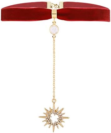 Peixinteamo Personality Sun Moon Pendants Chocker Necklaces Charm Rhinestone Statement Necklace for Women (Red Sun)