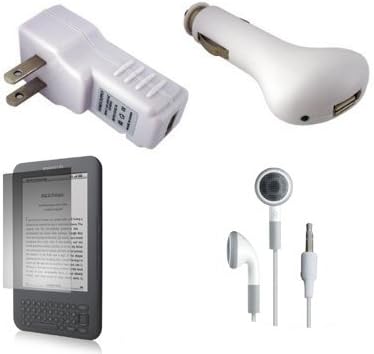 USB Car Charger, USB Wall / Travel Charger, Earphones, and Screen Protector / Guard For Kindle Wireless Reading Device, Wi-Fi, 6" Display Latest Generation + Including Carrying Strap