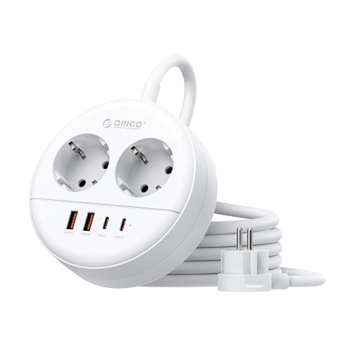 ORICO Regleta Enchufes USB C Redonda, Multienchufe 2500W con 2 Tomas CA, 2 USB-A y 2 USB-C 20W, Cable 1,5m, Montaje en Pared con Tornillos (Ahorro de Espacio), para Oficina y Hogar, Blanco OSP