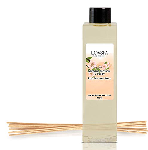 LOVSPA Nectarine Blossom & Honey Reed Diffuser Oil Refill with Replacement Reed Sticks | Nectarine & Peach Sorbet, Blackcurrant, Plum, Spring Blossoms & Manuka Honey, 4 oz | Made in The USA