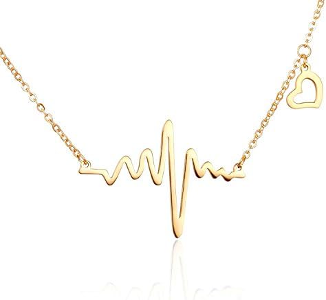 Silver Gold Lifeline Pulse Heartbeat ECG Charm Heart Pendant Necklace for Women Lady Valentines Gift (Alloy- Gold Tone)