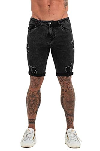 GINGTTO Short Jeans for Men Skinny Denim Shorts Mens Ripped Hemmed