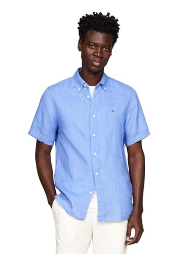 Tommy Hilfiger Men’s Pigment Dyed Linen Regular Short Sleeve Shirts, Blue Spell XX-Large