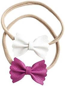 Indie Bow Co Handmade Premium Genuine Leather Scallop Bow Headbands Set of 2 in White and Magenta Size 1.5” x 2”