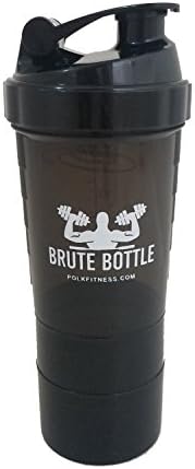 Brute Bottle Protein Shaker (Black), 20-ounce Capacity with Loop Top Lid, Superior Whisk Mixer, 2 Interlocking Storage Compartments with Vitamin/Supplement Tray, BPA Free
