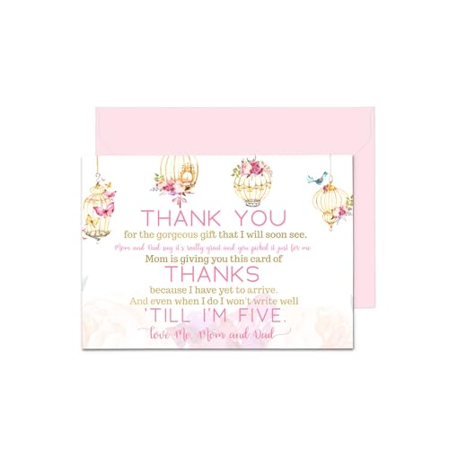 Fancy Floral Baby Shower Thank You Cards with Envelopes - Blank Notes with Prefilled Message - Personalize for Girls’ Gifts - Pink Butterfly and Floral Design - 15 Pack, 4x6 Stationery