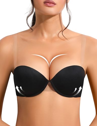 YANDW Soutien-gorge push-up sans bretelles Multiway Super rembourré Add 2 bonnets Soutien avec bretelles transparentes Armatures Dentelle Demi BHS, Noir , 100B