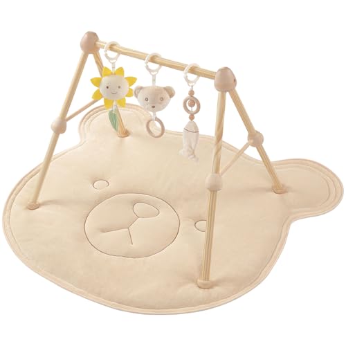 4-in-1 Wooden Baby Play Gym & Activity Mat, Soft Cotton Tummy Time Mat for Babies 0+,with 3 Detachable Toys for Sensory & Motor Skill Development,Newborn Infant Baby Essentials Gift,Bear