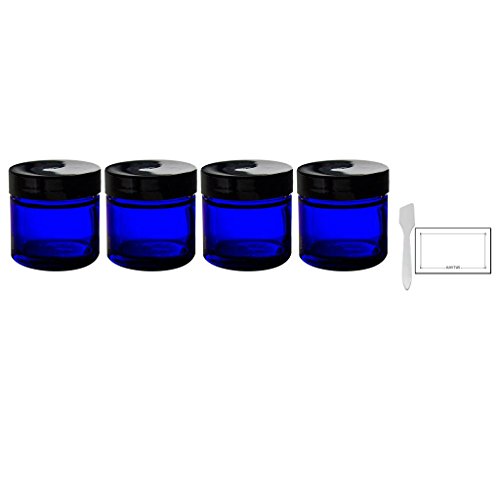 Cobalt Blue Glass Straight Sided Jar - 1 oz (4 Pack) + Spatulas and Labels - BPA Free, Airtight, Smell Proof