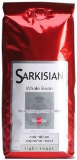 Sarkisian Specialty Gourmet Coffee - 12 Oz - Whole Bean Colombian Supremo - Light, Mild and Smooth Special Roast - Arabica Beans