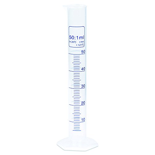 50ml Graduated Measuring Cylinder, PP Material, Autoclavable, Blue Printed Graduations, Karter Scientific 237K3 (Single)