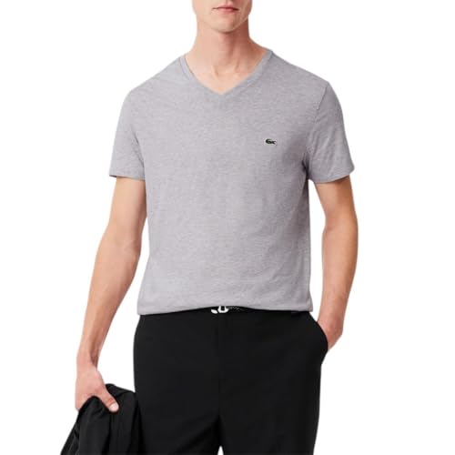Lacoste Men's Short Sleeve V-Neck Pima Cotton Jersey T-Shirt, Silver Heathered,…