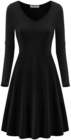 Yomilin Women's Long Sleeve V Neck Casual Flared Midi Dress Black M