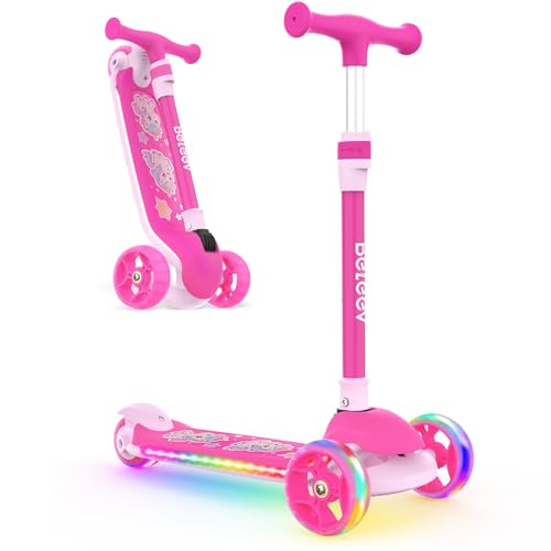 BELEEV A9 Kids Scooter with LED Light-Up Wheels & Deck, 3 Wheel Foldable Kick Scooter for Toddlers Boys Girls Ages 3-12, Adjustable Handlebar, Lean-to-Steer, Extra-Wide Wheels