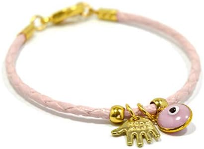 Hamsa & Evil Eye Protection Charms on Pink Leather Bracelet for Girls - 15 CM