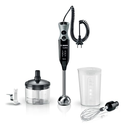 Bosch Stabmixer ErgoMixx, Edelstahl-Mixfuß, mit Universalzerkleinerer, Mixbecher, Schneebesen, Ice-Crush-Klinge, Spiralkabel, 12 Stufen plus Turbostufe, 750 W, schwarz/grau, MSM67170