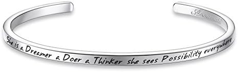 Annamate Cuff Bangle Bracelet Engraved "She's a Dreamer, a Doer, a Thinker. She sees Possibility everywhere.", Inspirational Jewelry