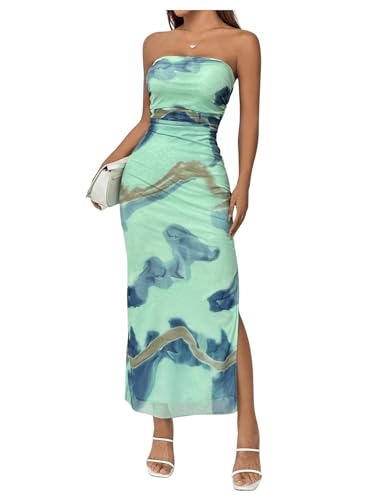 Floerns Women's Tie Dye Strapless Ruched Split Thigh Bodycon Long Tube Dress