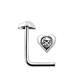 Jeweled Heart 925 Sterling Silver L Shaped Nose Pin - Size 20G(0.8MM) 5mmx5mm