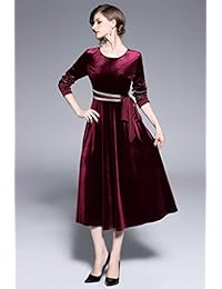 Ababalaya - Vestido de noche de terciopelo con cuello redondo y manga 3 4