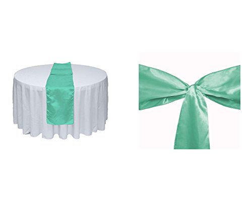 Elina Home Mint Satin 1 Table Runner & 5 Combo of TableRunner & Chair Bow Sash for Wedding