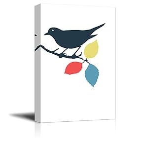 Canvas Birds Series - A Bird Standing on a Tree Branch with Colorful Leaves - Giclee Print Gallery Wrap Modern Home Art Ready to Hang - 12x18 inches