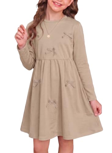blibean Girls Fall Dresses, Bow Long Sleeve Dress, Khaki, Size 14-15 at Amazon